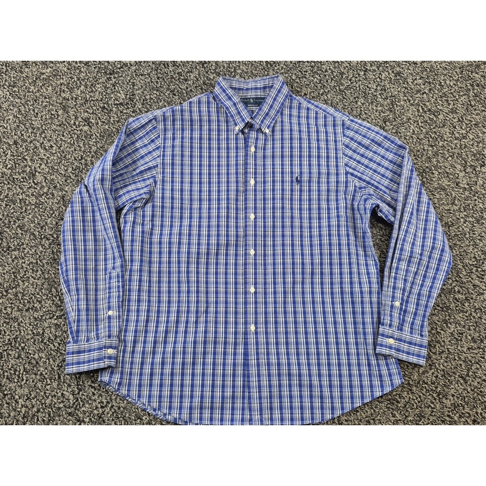 Ralph Lauren Custom Fit Button Down Shirt Mens XL Blue Plaid Long Sleeve - Picture 2 of 8